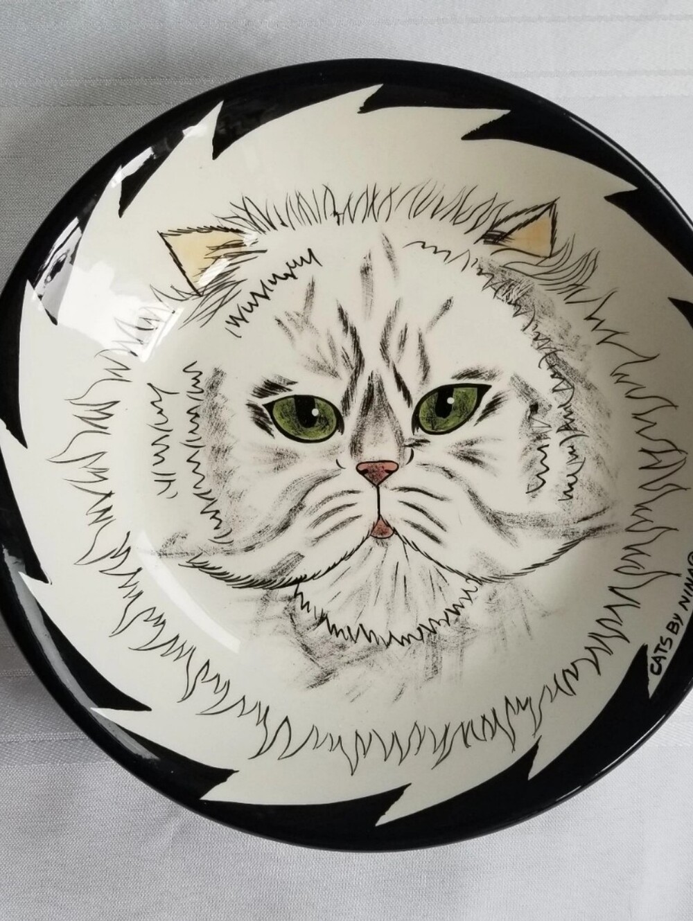 VTG Green-Eyed White Persian 8" Bowl Hand Painted and Signed Cats by Nina Lyman